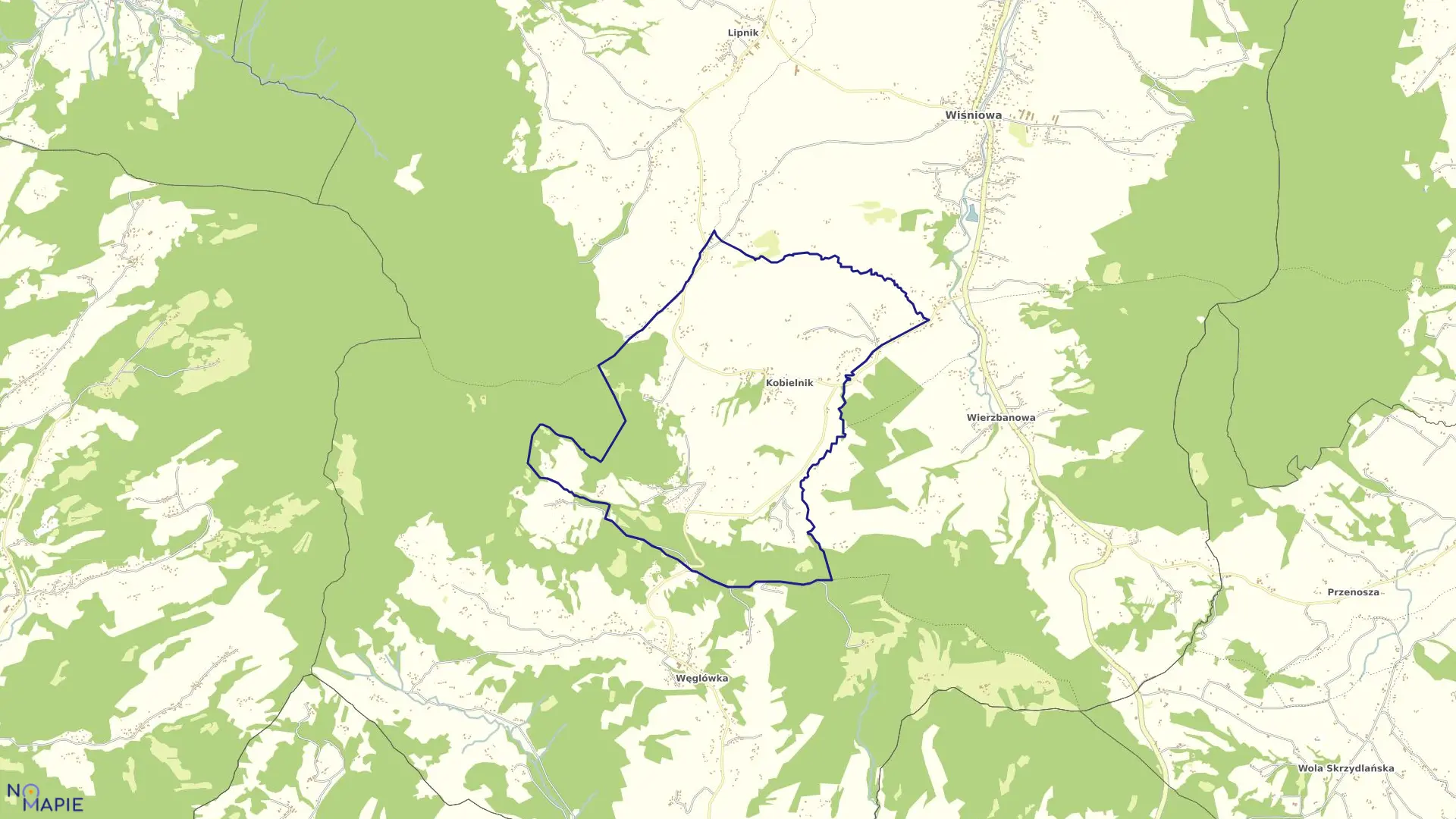 Mapa obrębu Kobielnik w gminie Wiśniowa