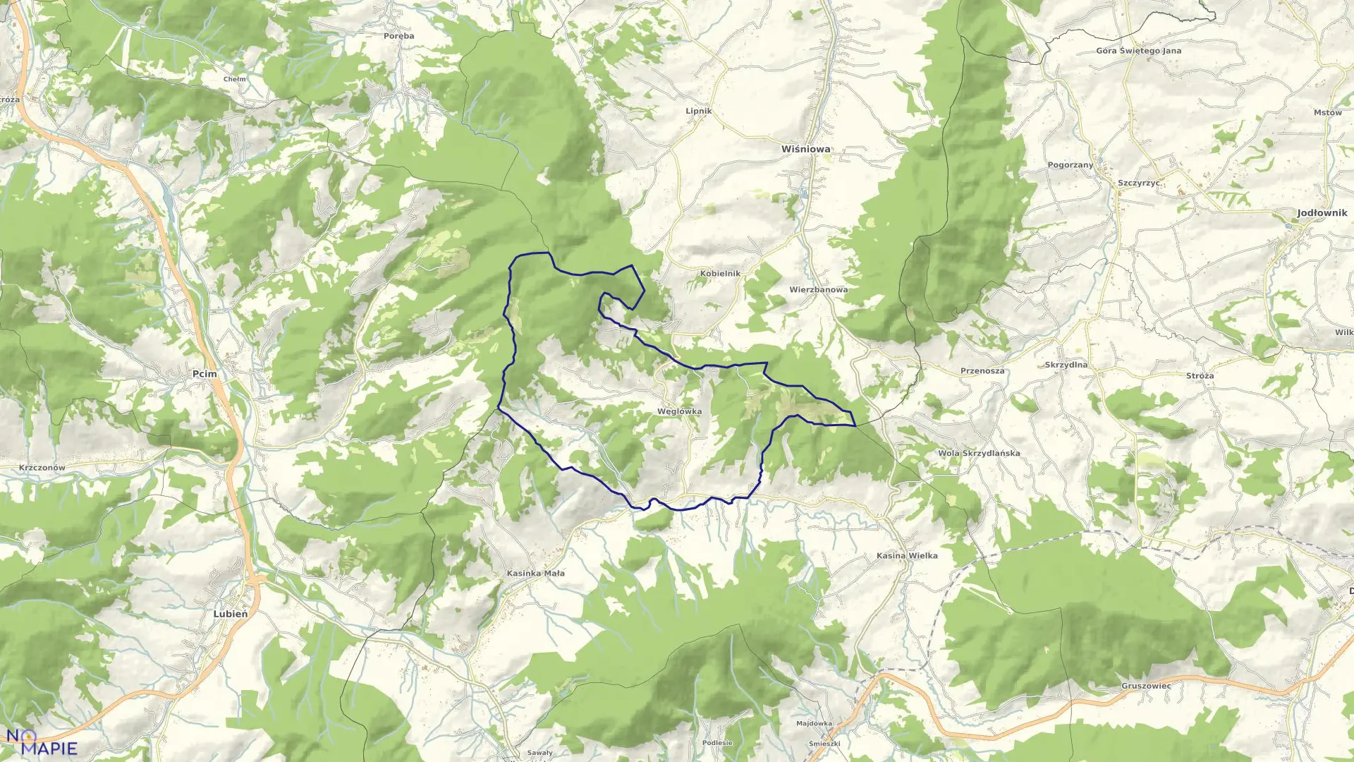 Mapa obrębu Węglówka w gminie Wiśniowa