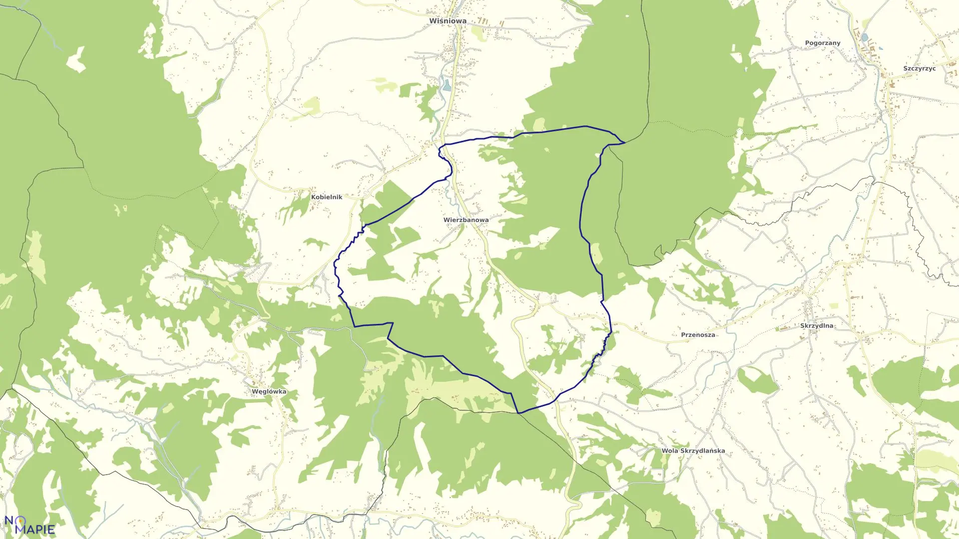 Mapa obrębu Wierzbanowa w gminie Wiśniowa