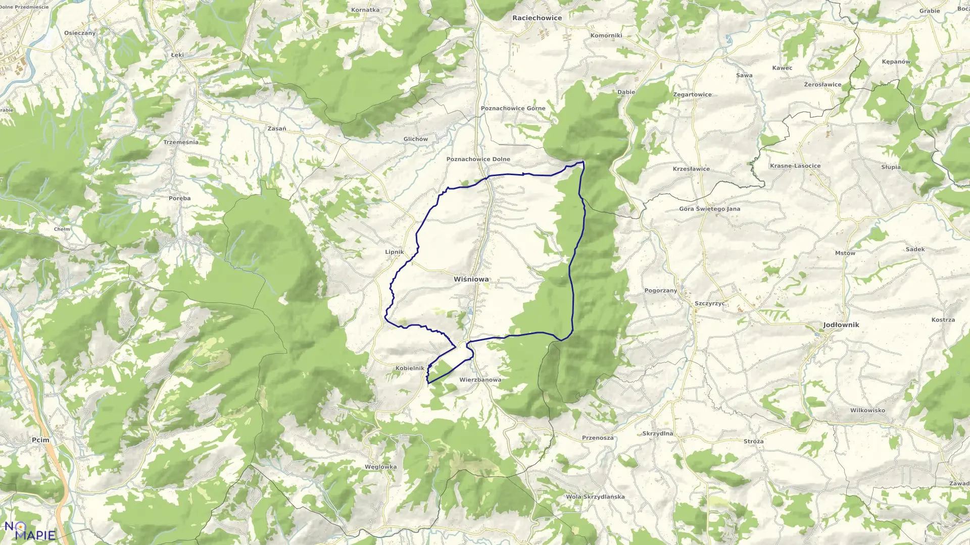 Mapa obrębu Wiśniowa w gminie Wiśniowa
